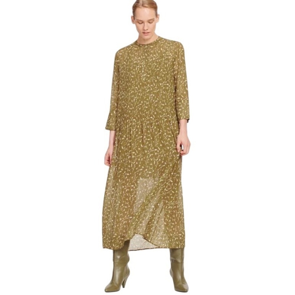 Samsoe Samsoe Dress Elm ML AOP Pintuck‎ Pleat Floral Khaki Green XL Cottagecore